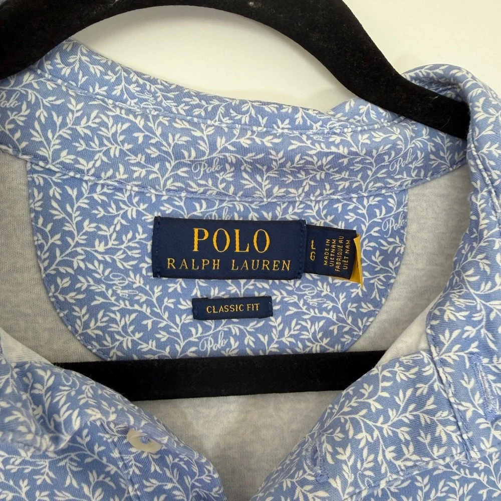 Polo Ralph Lauren Mens Large Blue White Leaf Print Classic Fit Golf Polo Shirt